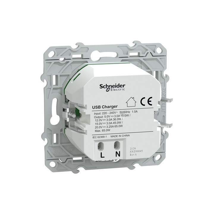 Schneider - Ovalis - Chargeur USB-C 65W - Forte puissance pour charge app. mobiles - Blanc - Réf : S320406