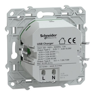 Schneider - Ovalis - Chargeur USB type A 7,5W +C 45W - Forte puissance type C - Anthracite - Réf : S340403