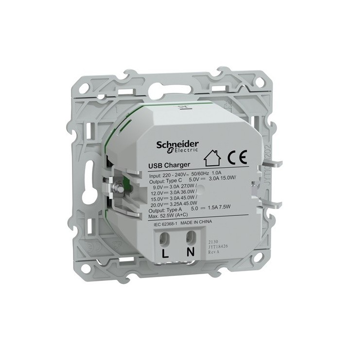 Schneider - Ovalis - Chargeur USB type A 7,5W +C 45W - Forte puissance type C - Anthracite - Réf : S340403