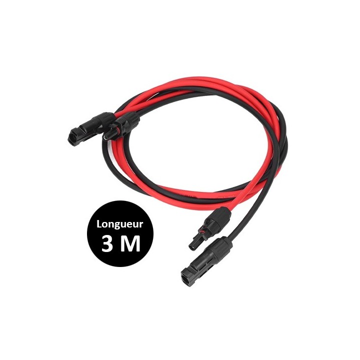 Lot de 2 câbles d'extension solaire - 4mm² - 3m - avec connecteurs MC4 M/F - Réf : PV44VRHMC43