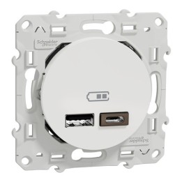 Schneider Odace - Chargeur Double USB type A+C - 2,4A - Blanc - Réf : S520401