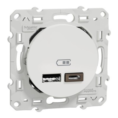 Schneider Odace - Chargeur Double USB type A+C - 2,4A - Blanc - Réf : S520401