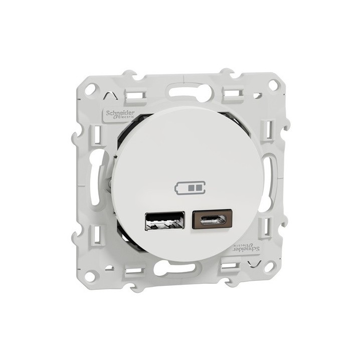 Schneider Odace - Chargeur Double USB type A+C - 2,4A - Blanc - Réf : S520401
