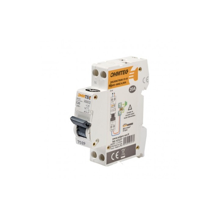 Ohmtec - Disjoncteur à vis - 1P+N - 20A - 4.5kA/6kA - Courbe C - Réf : 423237