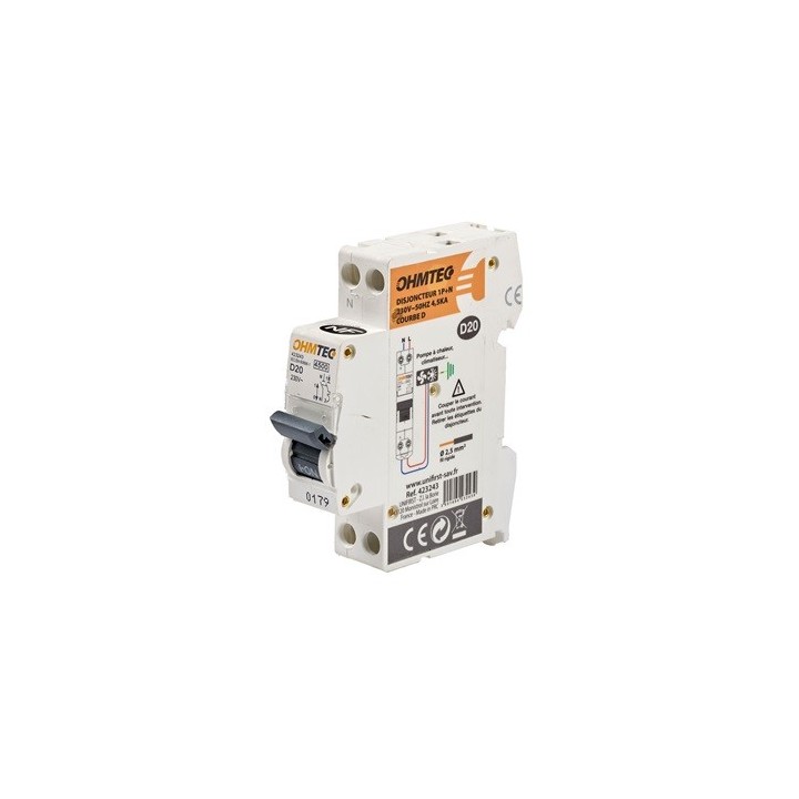 Ohmtec - Disjoncteur à vis 1P+N 20A 4.5kA/6kA Courbe D - Réf : 423243