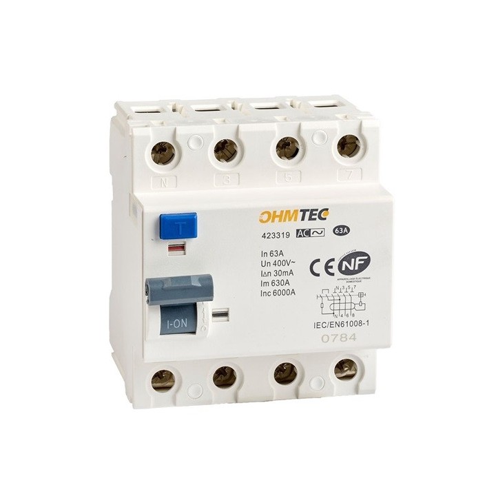 Ohmtec - Interrupteur différentiel - 3P+N - 6kA - 63A - Type A - Réf : 423322