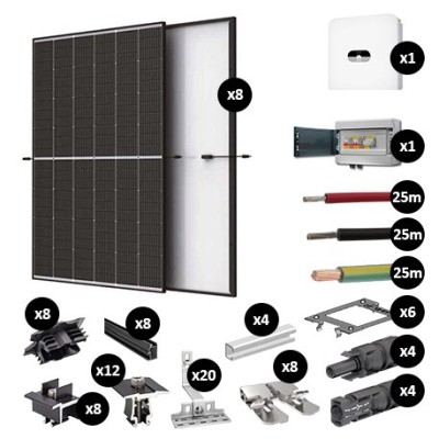 Kit Photovoltaïque 3400W évolutif - Toiture fibrociment - 2 rangées - Onduleur hybride Huawei - Réf : PV443400M-F-PO-2E