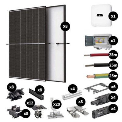 Kit Photovoltaïque 3400W - Toiture en fibrociment - Pose portrait - 2 rangées - Onduleur hybride Huawei - Réf : PV443400M-F-PO-2