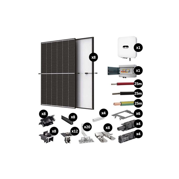 Kit Photovoltaïque 3400W évolutif - Tuile plate - Pose paysage - 2 rangées - Onduleur hybride Huawei - Réf : PV443400M-TP-PA-2E