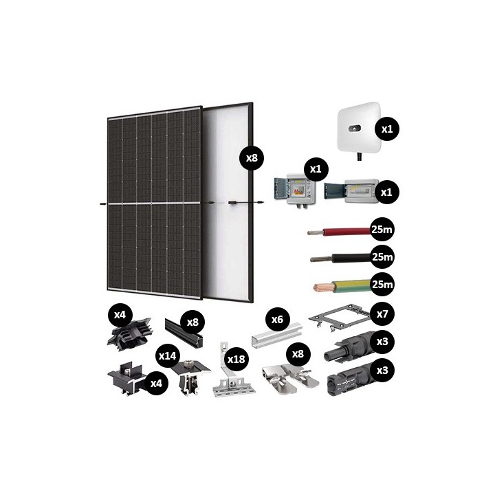 Kit Photovoltaïque 3400W - Toiture en tuile - Pose portrait - 1 rangée - Onduleur hybride Huawei - Réf : PV443400T-T-PO-1
