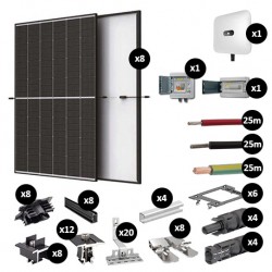 Kit Photovoltaïque 3400W - Toiture en tuile - Pose portrait - 2 rangées - Onduleur hybride Huawei - Réf : PV443400T-T-PO-2