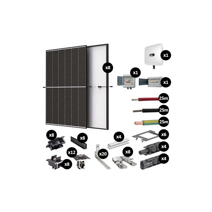 Kit Photovoltaïque 3400W - Toiture ardoise - Pose portrait - 2 rangées - Onduleur hybride Huawei - Réf : PV443400T-A-PO-2