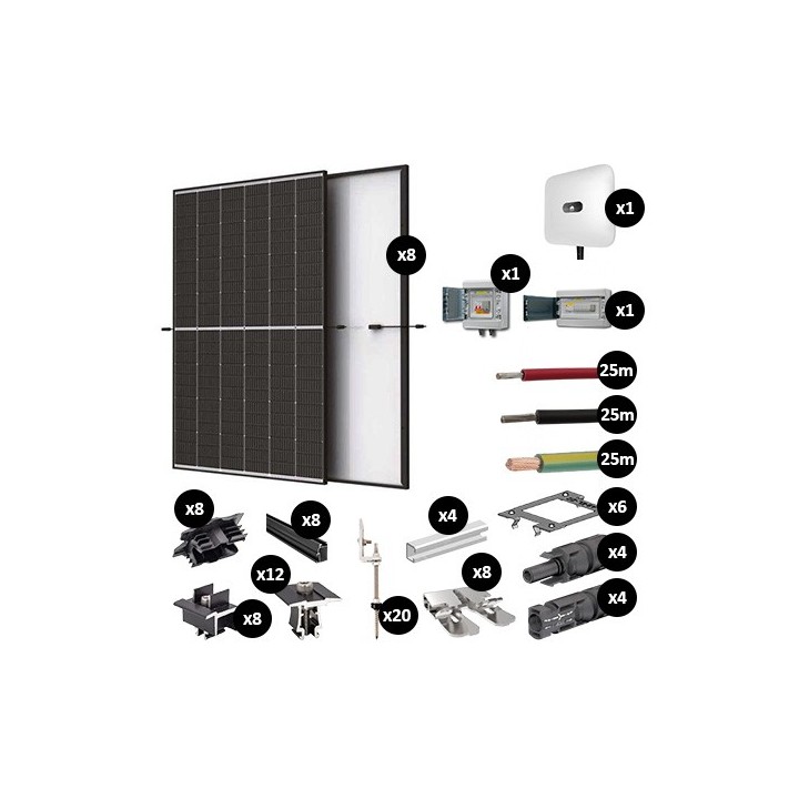 Kit Photovoltaïque 3400W évolutif - Fibrociment - Pose portrait - 2 rangées - Onduleur hybride Huawei - Réf : PV443400T-F-PO-2E