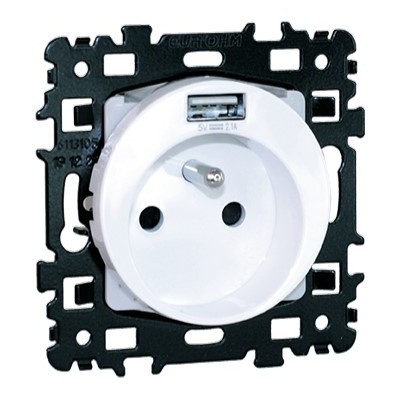 Eur'ohm Square - Prise 2P+T + Prise USB Type A Blanche - Réf : 60256