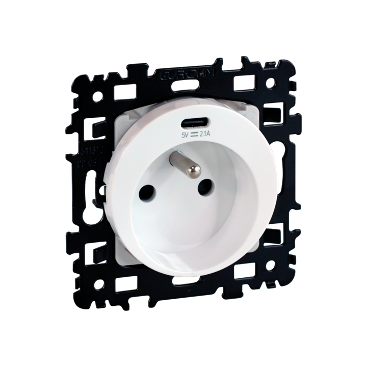 Eur'Ohm Square - Prise de courant 2P+T + USB Type C Blanche - Réf : 60255