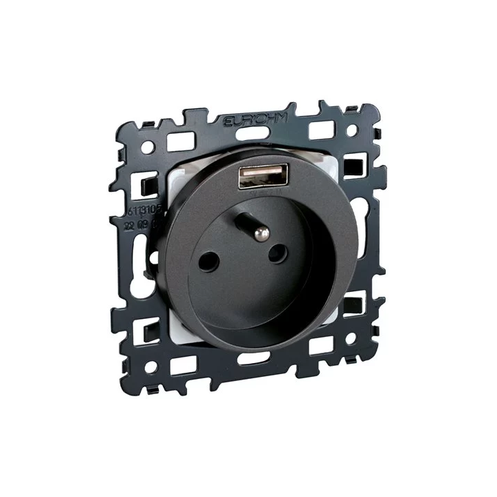 Eur'Ohm Square - Prise de courant 2P+T + Prise USB Vulcain - Réf : 60356