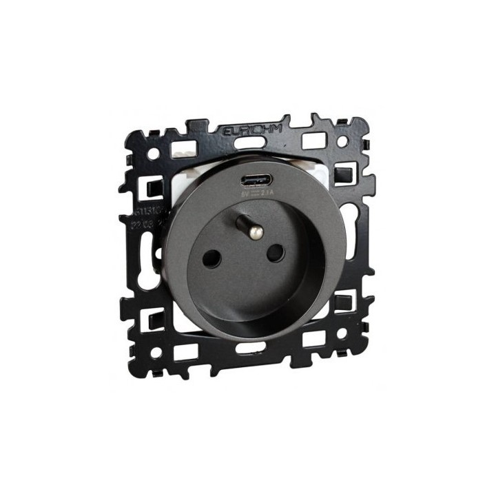 Eur'Ohm Square - Prise de courant 2P+T 16A + Prise USB Type C 2,1A Vulcain - Réf : 60355