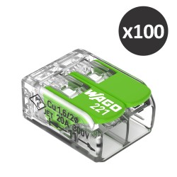 Wago - 100 Bornes 221 Green 2x4mm² à leviers souples & rigides - Réf : 221-422(100)