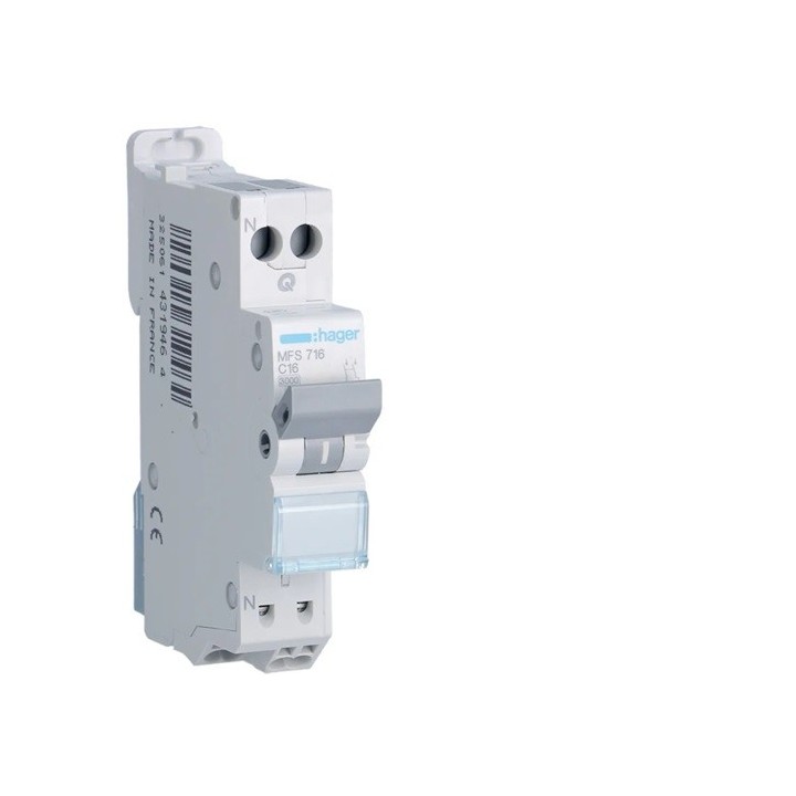 Hager - Disjoncteur monophasé 1P+N 3kA C 16A Auto - Réf : MFS716