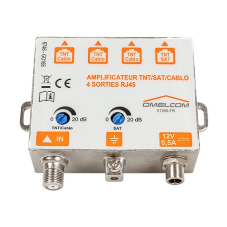 Omelcom - Amplificateur TNT/SAT/CABLO sur 4 sorties RJ45 + Fixation RAIL DIN - Réf : GO165