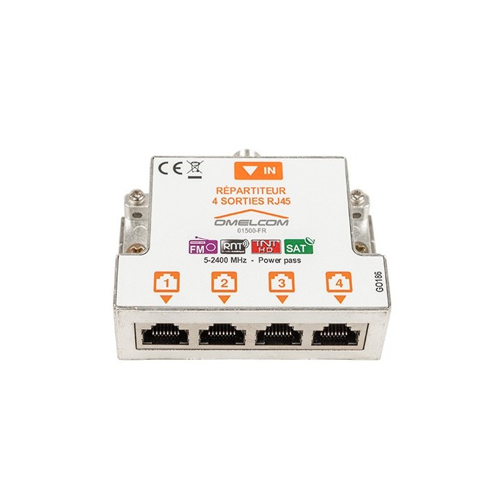 Omelcom - Répartiteur TV RJ45 4 sorties + Fixation RAIL DIN - Réf : GO186