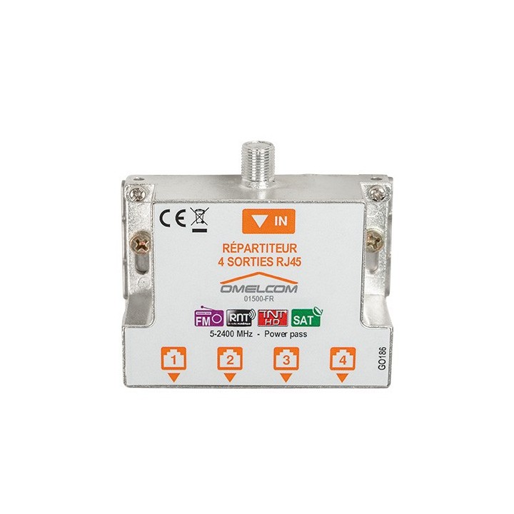 Omelcom - Répartiteur TV RJ45 4 sorties + Fixation RAIL DIN - Réf : GO186
