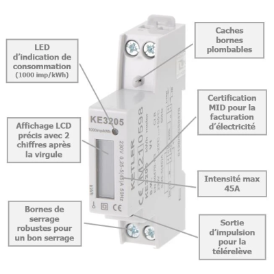 KETLER - Compteur d'énergie monophasé 45A - Certifié MID - Réf : KE3205