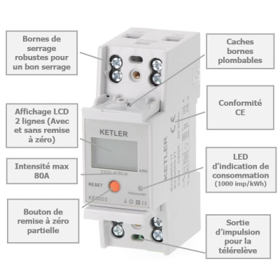 KETLER - Compteur d'énergie monophasé 80A - Remise à zéro partielle - Réf : KE8003