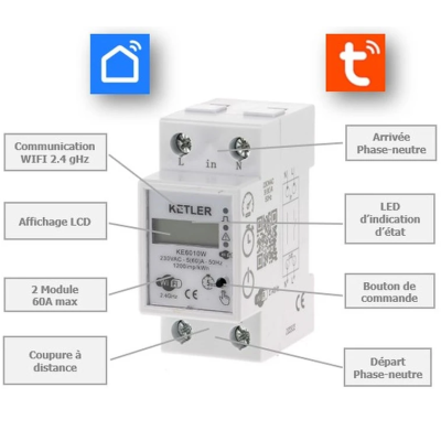 KETLER - Compteur d'énergie wifi monophasé 60A - Réf : KE6010W