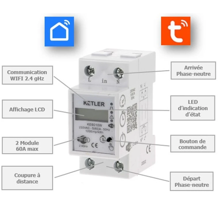 KETLER - Compteur d'énergie wifi monophasé 60A - Réf : KE6010W