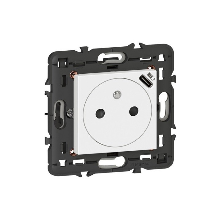 Legrand - Prise 2P+T Surface avec chargeur Type-C intégré Mosaic 2 modules – Blanc livré avec support - Réf : 077161L
