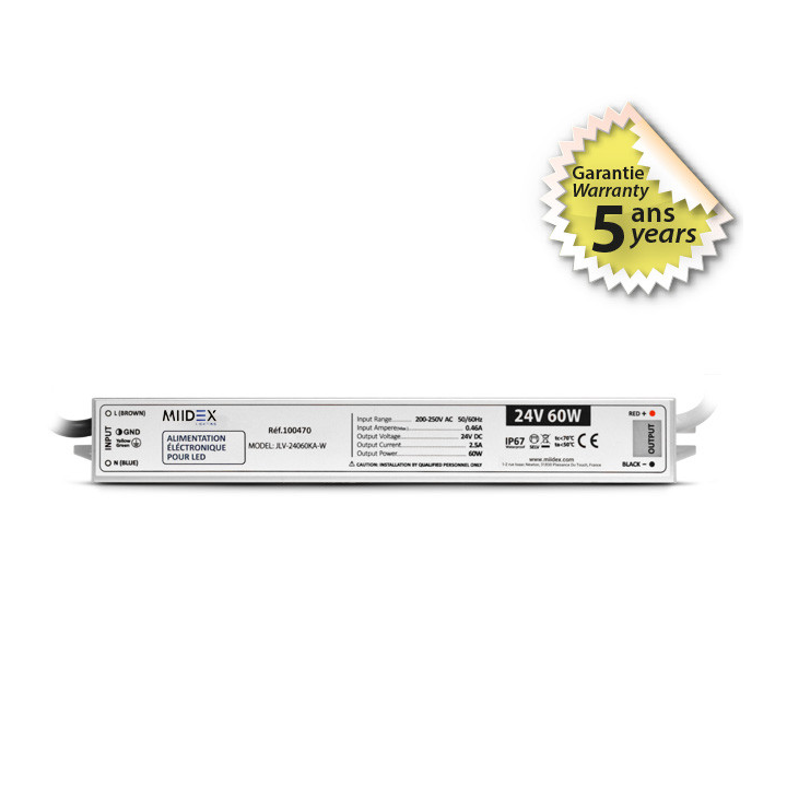 Miidex lighting - Alimentation pour LED 60W - 24V DC - IP67 - Garantie 5 ans - Réf : 100470