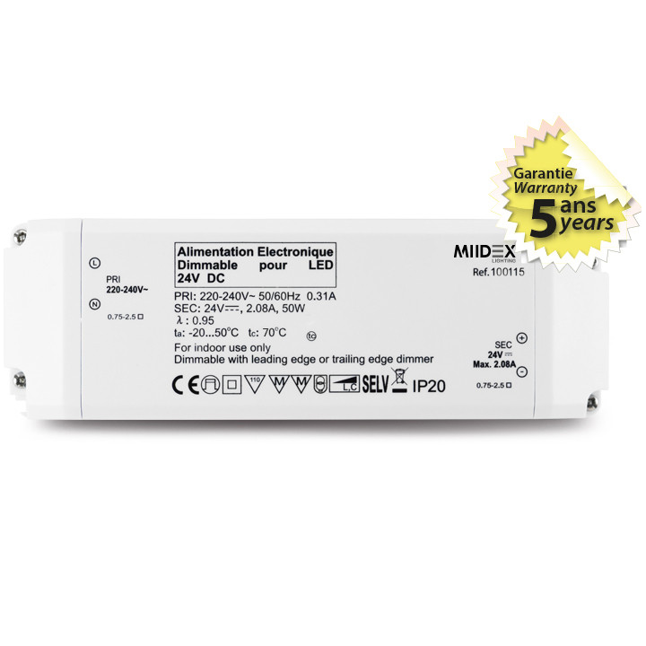Miidex lighting - Alimentation pour LED 24VDC - 50W - Dimmable - Coupure de phase - Réf : 100115