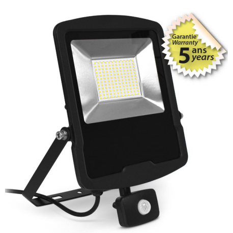 Miidex Lighting - Projecteur LED Noir + Détecteur - 100W - 3000K - IP65 - Garantie 5 ans - Réf : 100159