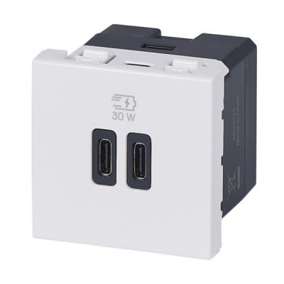 Legrand Mosaic - Prise double USB Mosaic Type-C + Type-C - Power Delivery 3A - 30W - Blanc - Réf : 077631L
