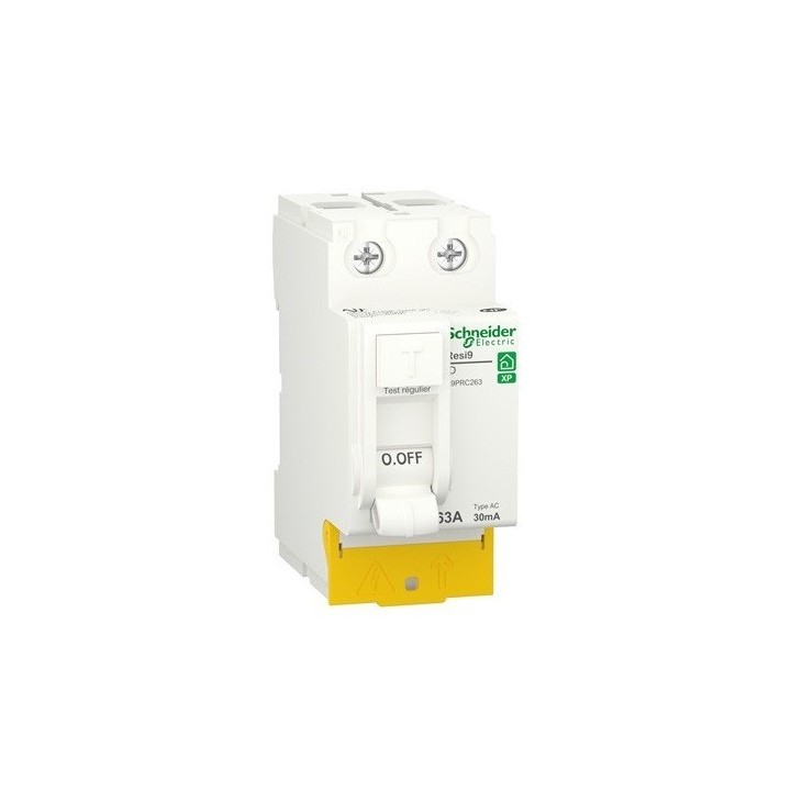 Schneider - Resi9 XP - inter différentiel - 2P - 63A - 30mA - Type AC - peignable - alim bas - Réf : R9PRC263