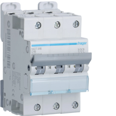 Hager - Disjoncteur 3P - 6-10kA - courbe D - 16A - 3 modules - Réf : NGT316