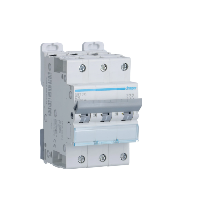 Hager - Disjoncteur 3P - 6-10kA - courbe D - 16A - 3 modules - Réf : NGT316