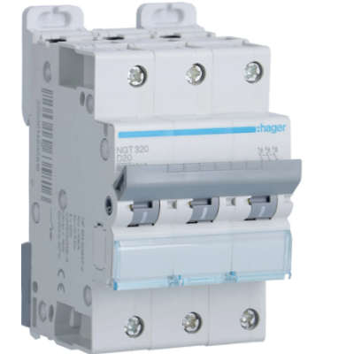 Hager - Disjoncteur 3P - 6-10kA - courbe D - 20A - 3 modules - Réf : NGT320
