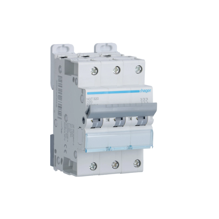 Hager - Disjoncteur 3P - 6-10kA - courbe D - 20A - 3 modules - Réf : NGT320