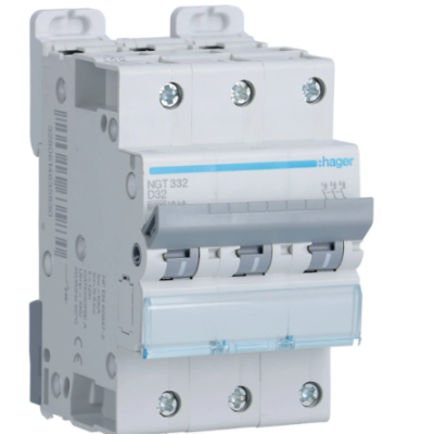 Hager - Disjoncteur 3P - 6-10kA - courbe D - 32A - 3 modules - Réf : NGT332