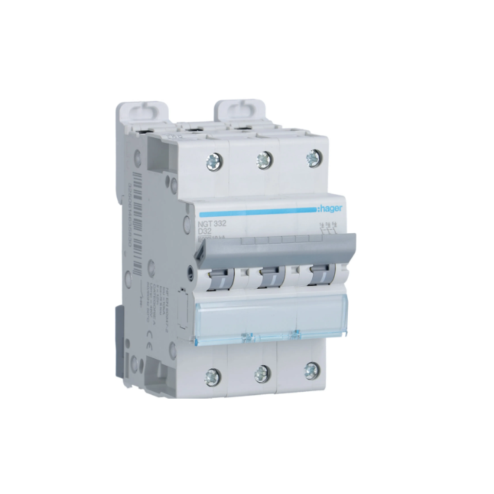 Hager - Disjoncteur 3P - 6-10kA - courbe D - 32A - 3 modules - Réf : NGT332