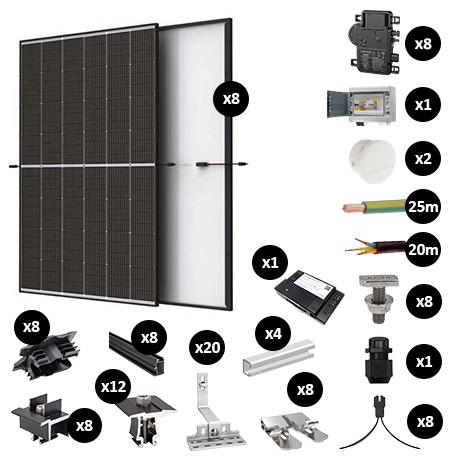 Kit Photovoltaïque 3400W - Toiture en tuile - Pose portrait - 2 rangées - Micro onduleur IQ8AC - Réf : PV443400M-T-PO-2-EN