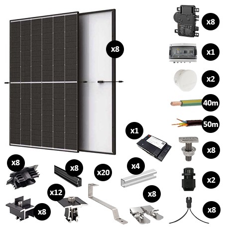 Kit Photovoltaïque 3400W évolutif - Tuile - Pose portrait - 2 rangées - Micro onduleur IQ8AC - Réf : PV443400M-TP-PO-2E-EN