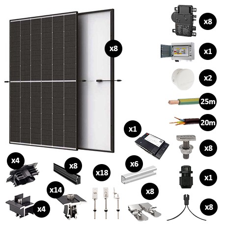 Kit Photovoltaïque 3400W - Toiture en fibrociment - Pose portrait - 1 rangée - Micro onduleur IQ8AC - Réf : PV443400M-F-PO-1-EN