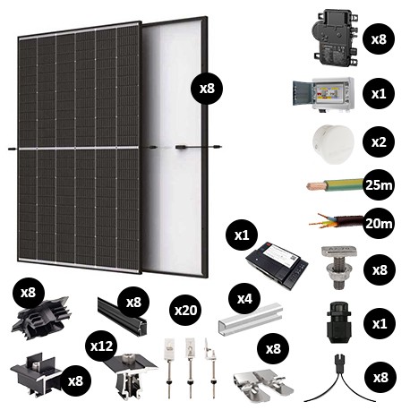 Kit Photovoltaïque 3400W - Toiture fibrociment - Pose portrait - 2 rangées - Micro onduleur IQ8AC - Réf : PV443400M-F-PO-2-EN