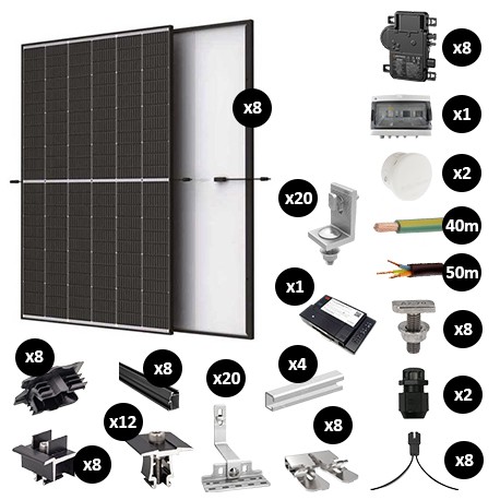 Kit Photovoltaïque 3400W évolutif - Tuile - Pose paysage - 2 rangées - Micro onduleur IQ8AC - Réf : PV443400M-T-PA-2E-EN