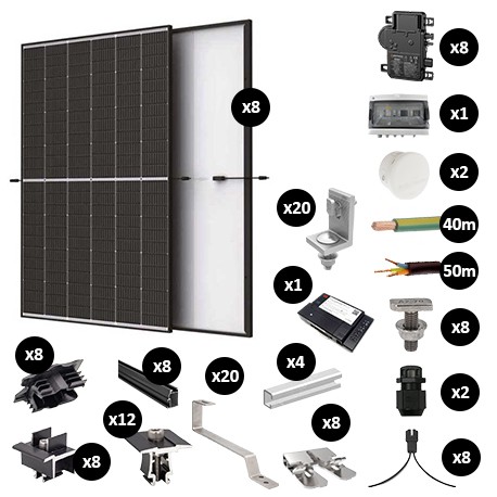 Kit Photovoltaïque 3400W évolutif - Tuile plate - Pose paysage - 2 rangées - Micro onduleur IQ8AC - Réf : PV443400M-TP-PA-2E-EN