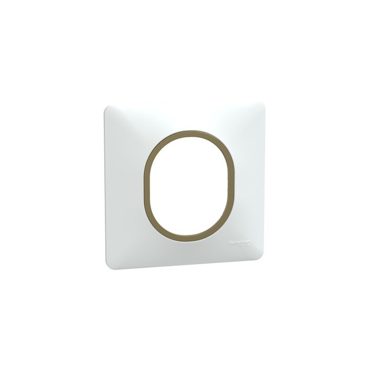 Schneider - Ovalis - Plaque de finition - 1 poste Blanc avec bague effet Laiton - Réf : S320702D