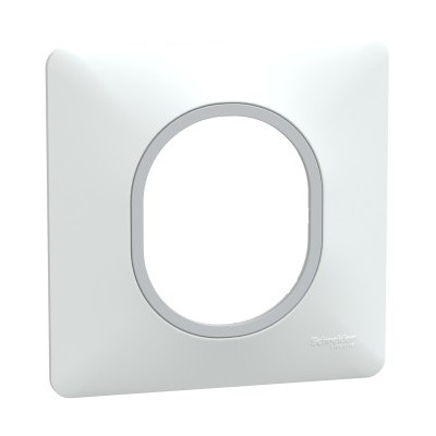 Schneider - Ovalis - Plaque de finition - 1 poste Blanc avec bague effet Argent Chromé - Réf : S320702F